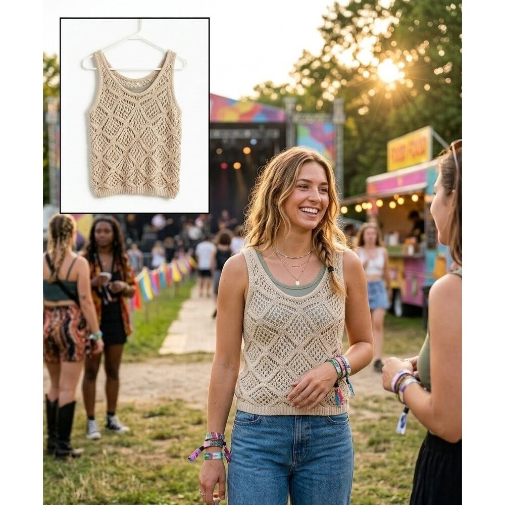 Boho Women's Crocheted Tank Top Beige Festival Lightweight Breathable Cotton